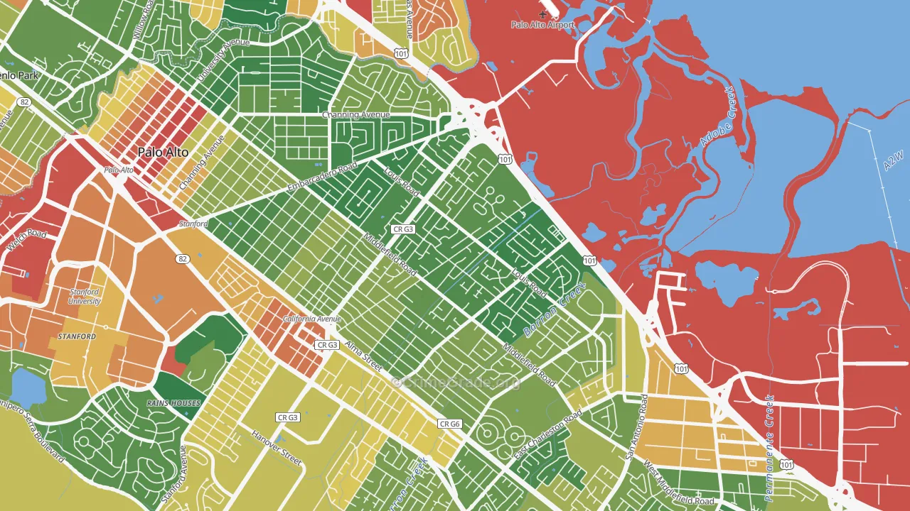 Midtown-San Jose, Palo Alto, CA Map of Assault Rates