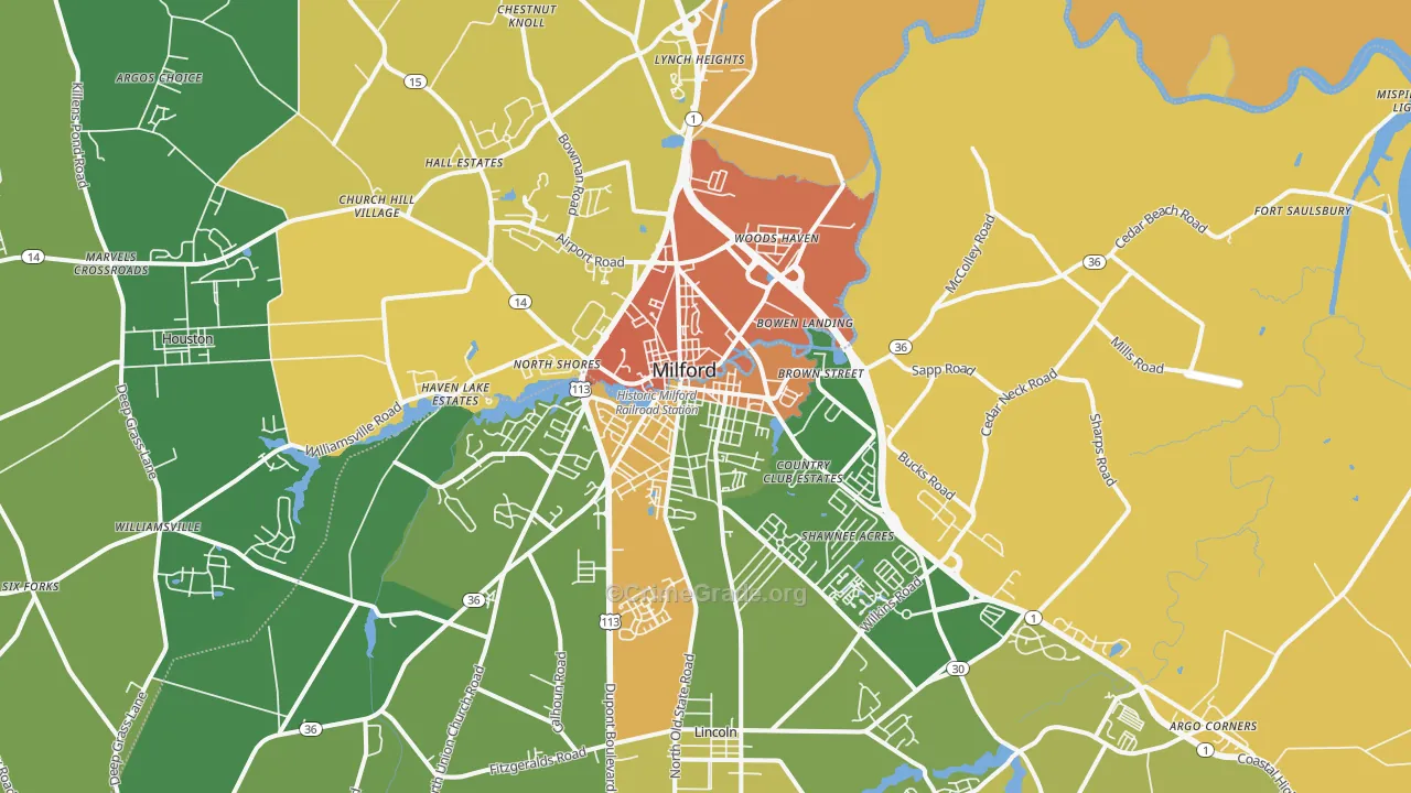 Milford, DE Map of Assault Rates