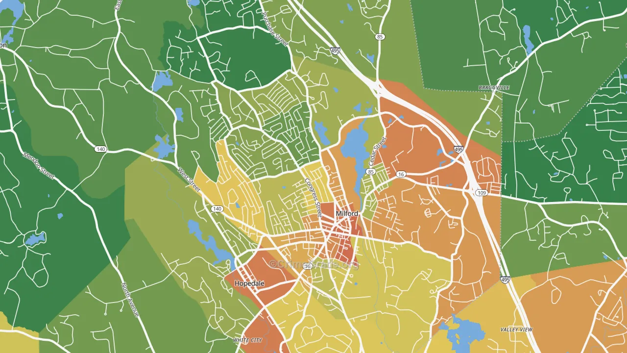 Milford, MA Map of Assault Rates