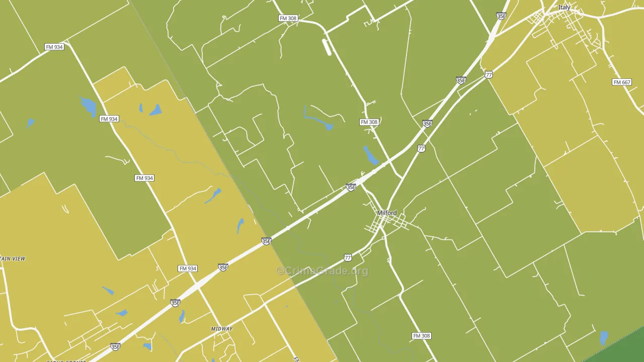 Milford, TX Map of Assault Rates