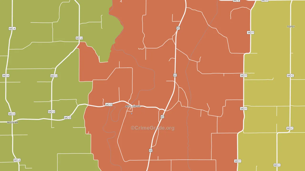 Mill Grove, MO Map of Assault Rates