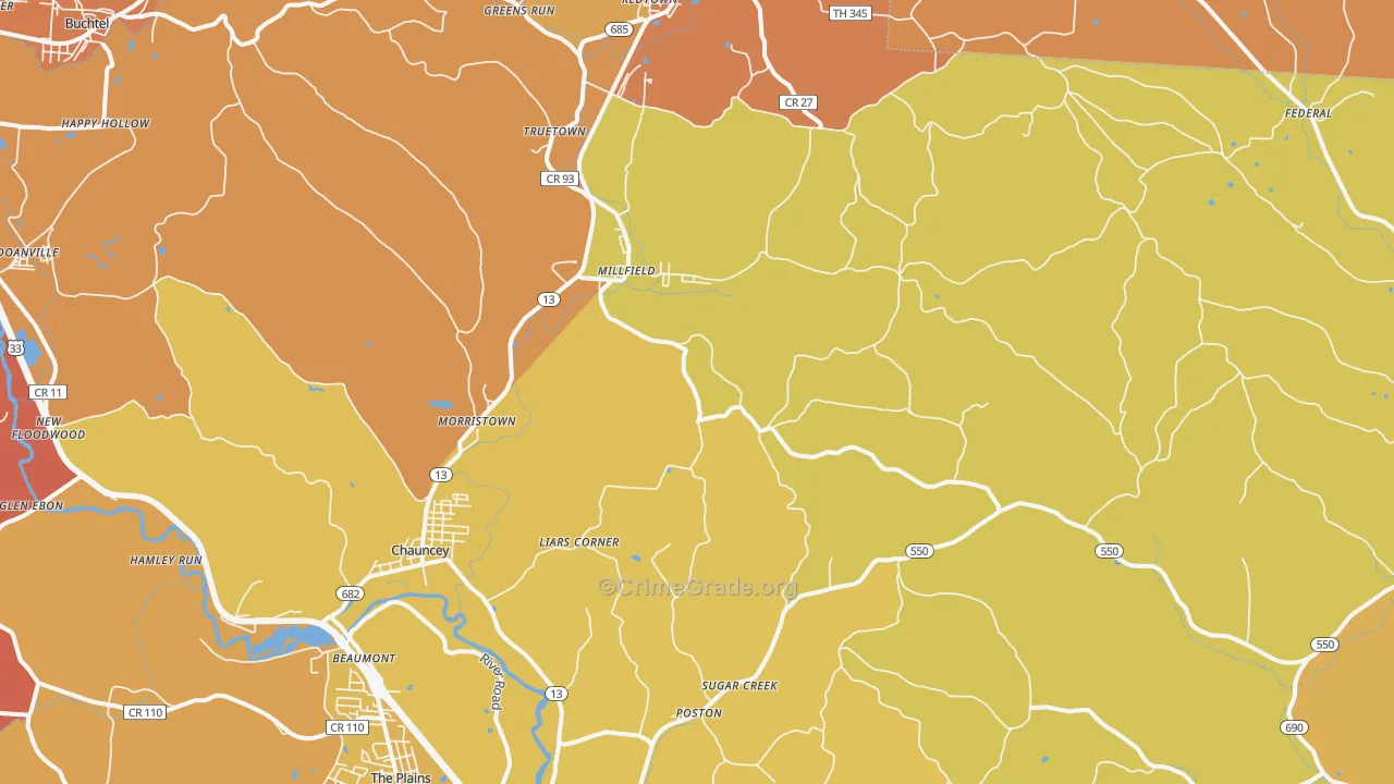 Millfield, OH Map of Assault Rates