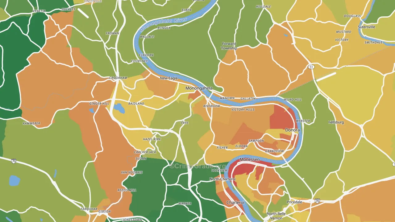 Monongahela, PA Map of Assault Rates