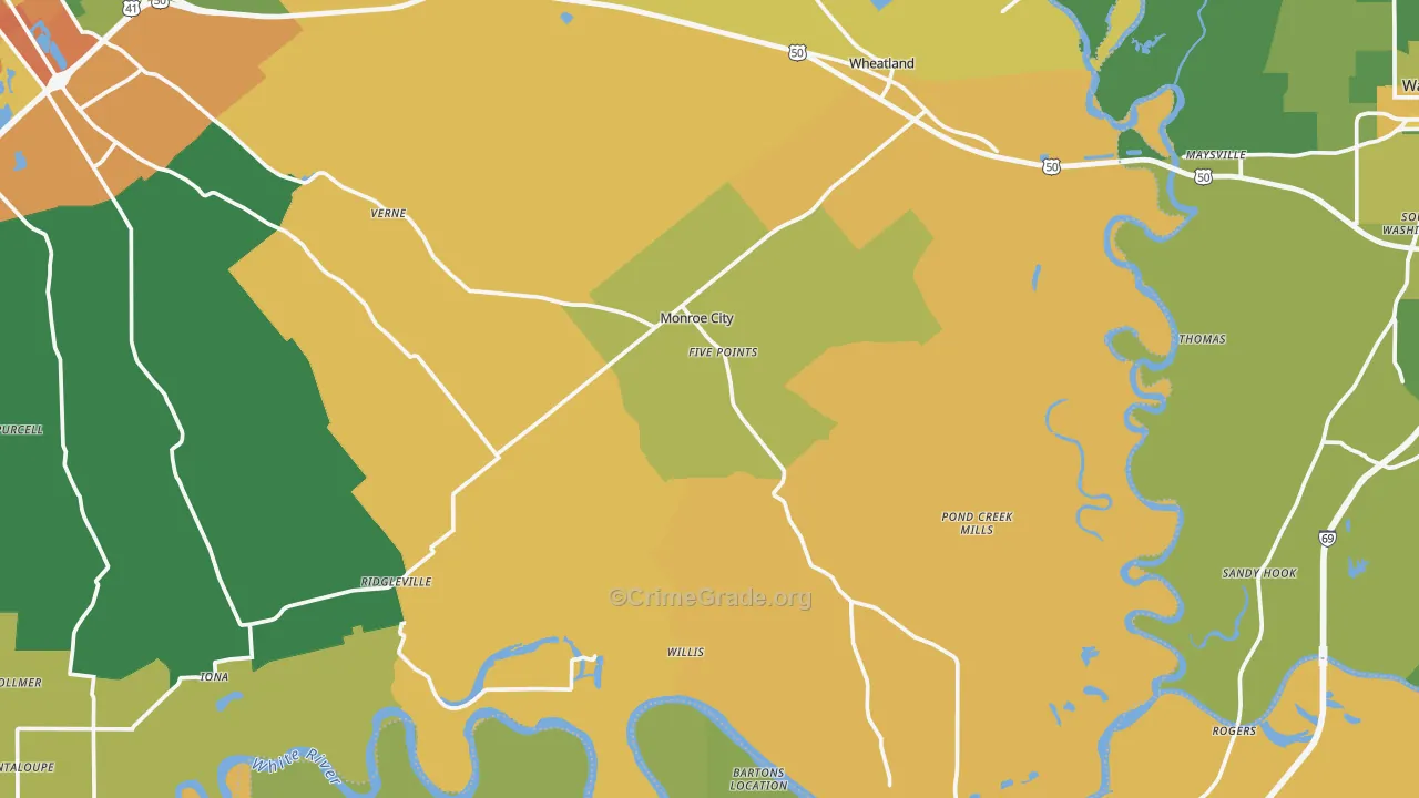 Monroe City, IN Map of Assault Rates