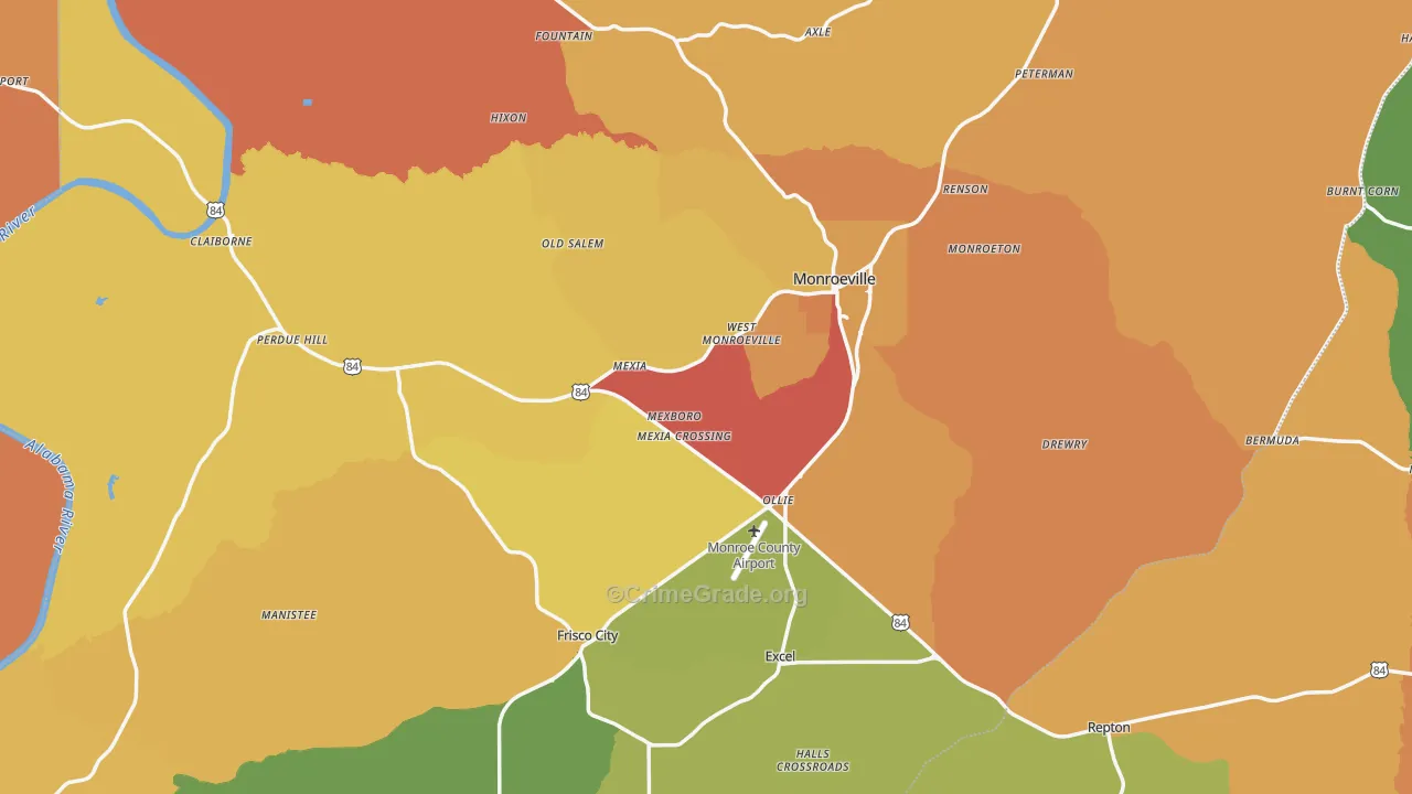 Monroe County, AL Map of Assault Rates