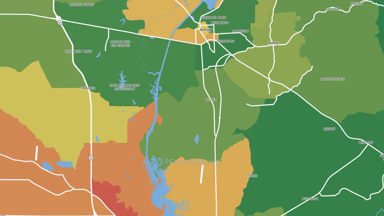 Monroe County, MS Map of Assault Rates