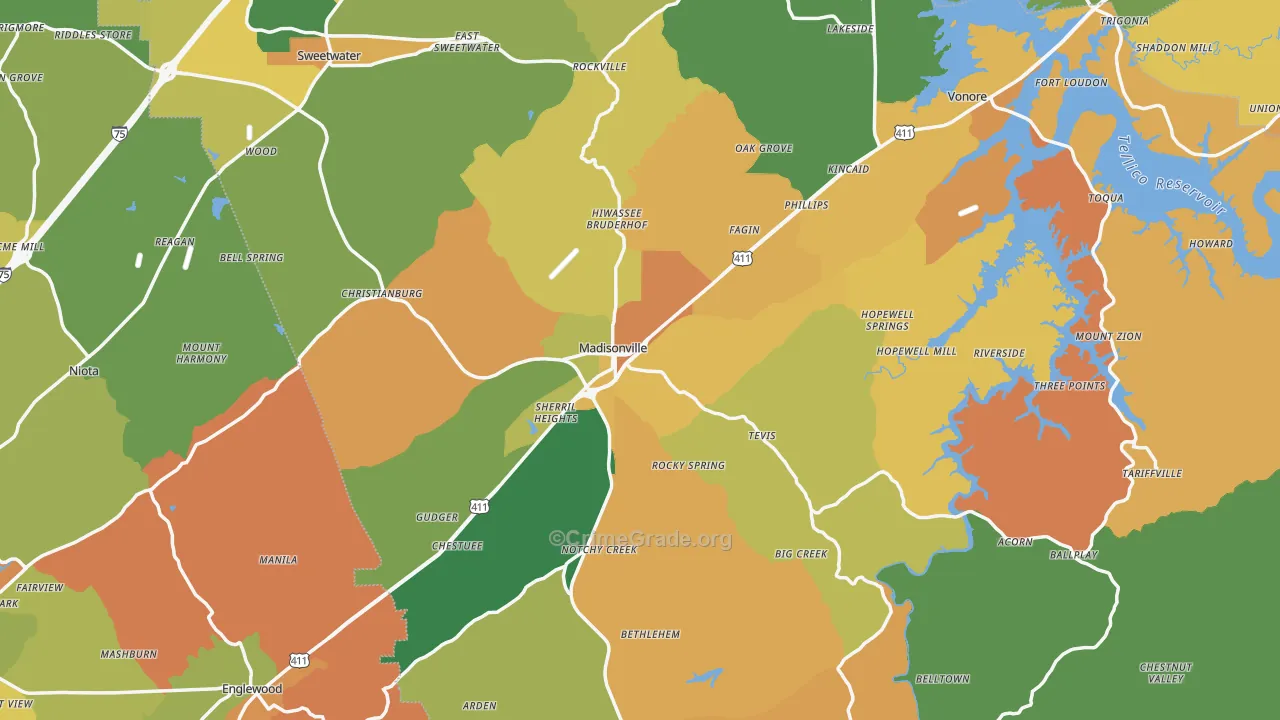 Monroe County, TN Map of Assault Rates