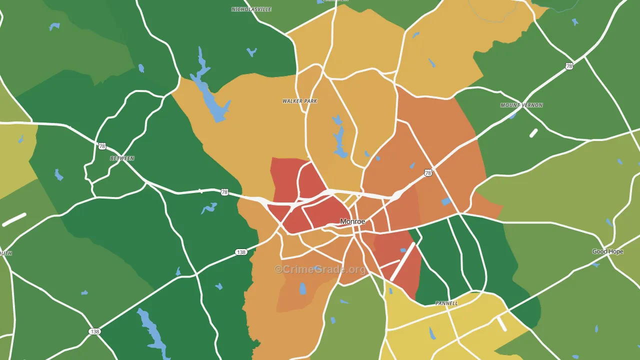 Monroe, GA Map of Assault Rates