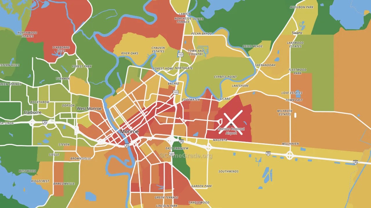 Monroe, LA Map of Assault Rates