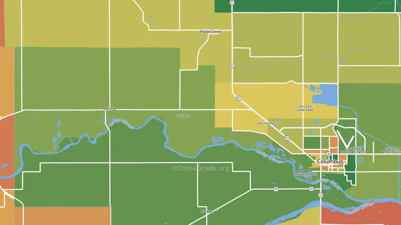 Monroe, NE Map of Assault Rates