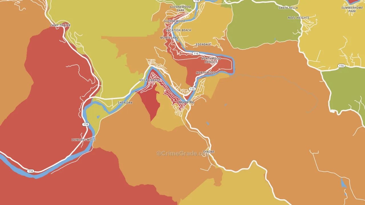 Monte Rio, CA Map of Assault Rates