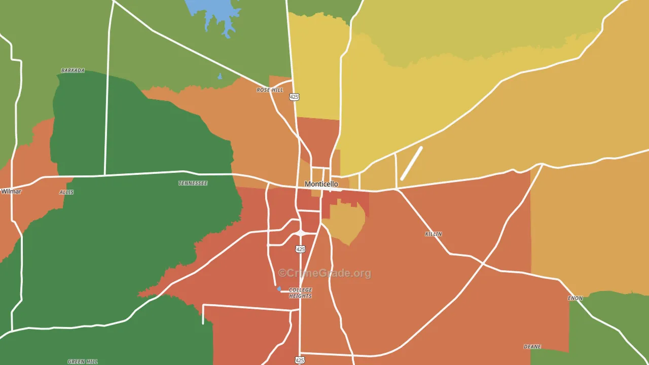 Monticello, AR Map of Assault Rates