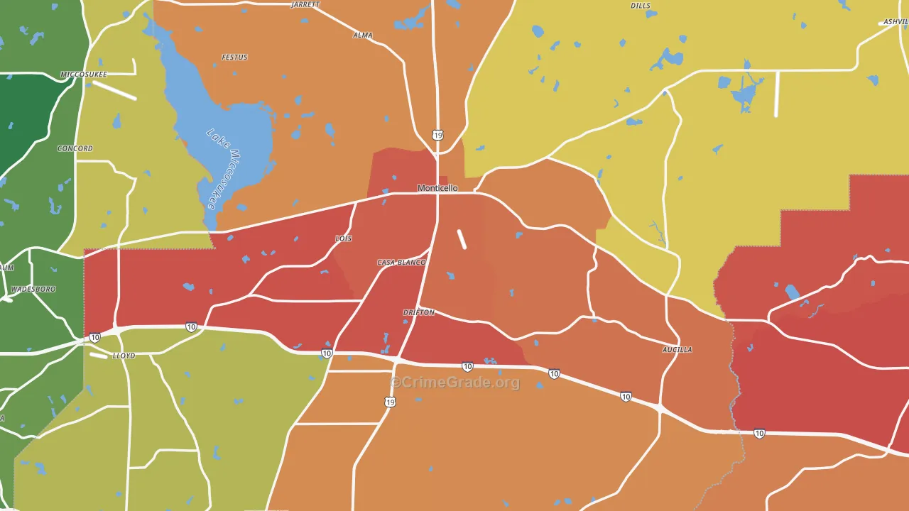 Monticello, FL Map of Assault Rates