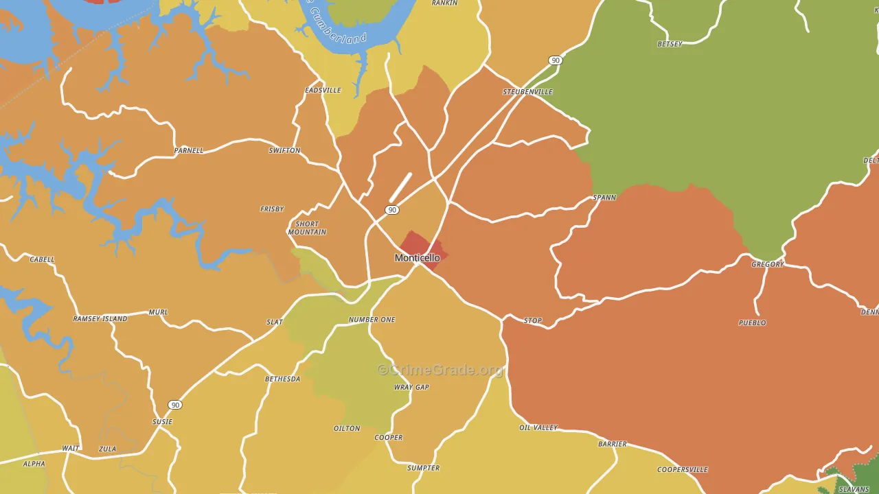 Monticello, KY Map of Assault Rates
