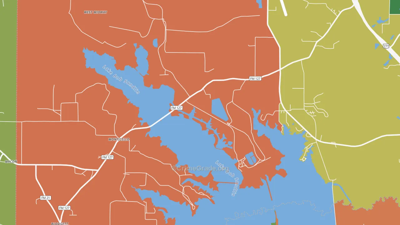 Monticello, TX Map of Assault Rates