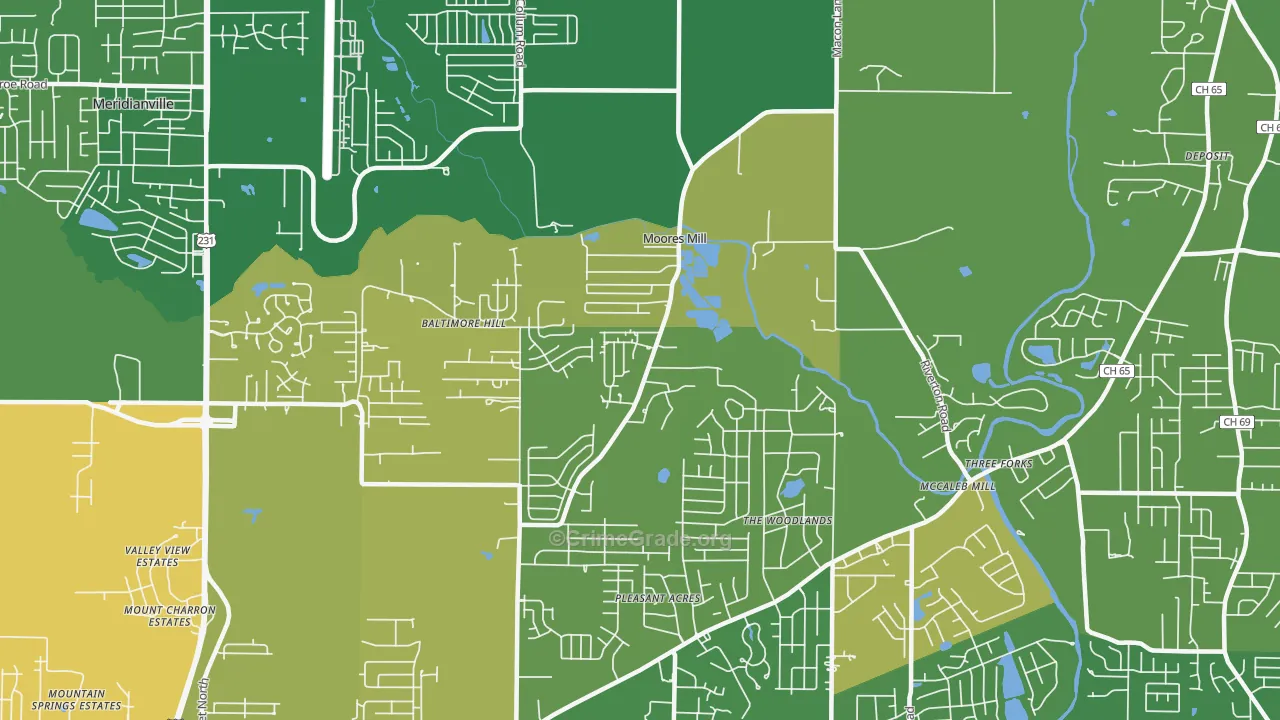 Moores Mill, AL Map of Assault Rates