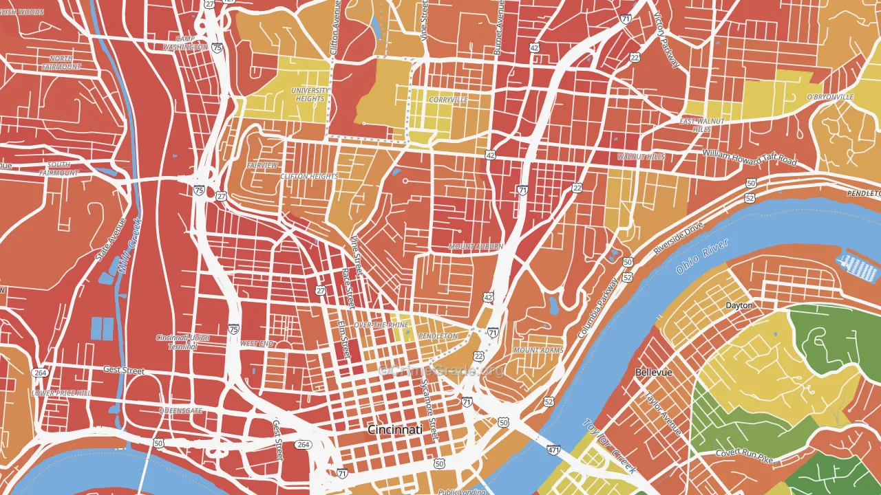 Mount Auburn, Cincinnati, OH Map of Assault Rates