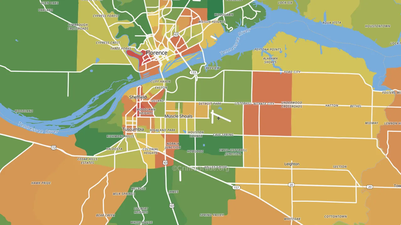 Muscle Shoals, AL Map of Assault Rates