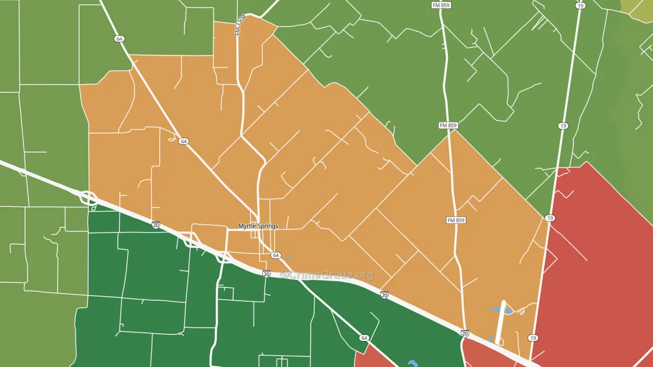 Myrtle Springs, TX Map of Assault Rates