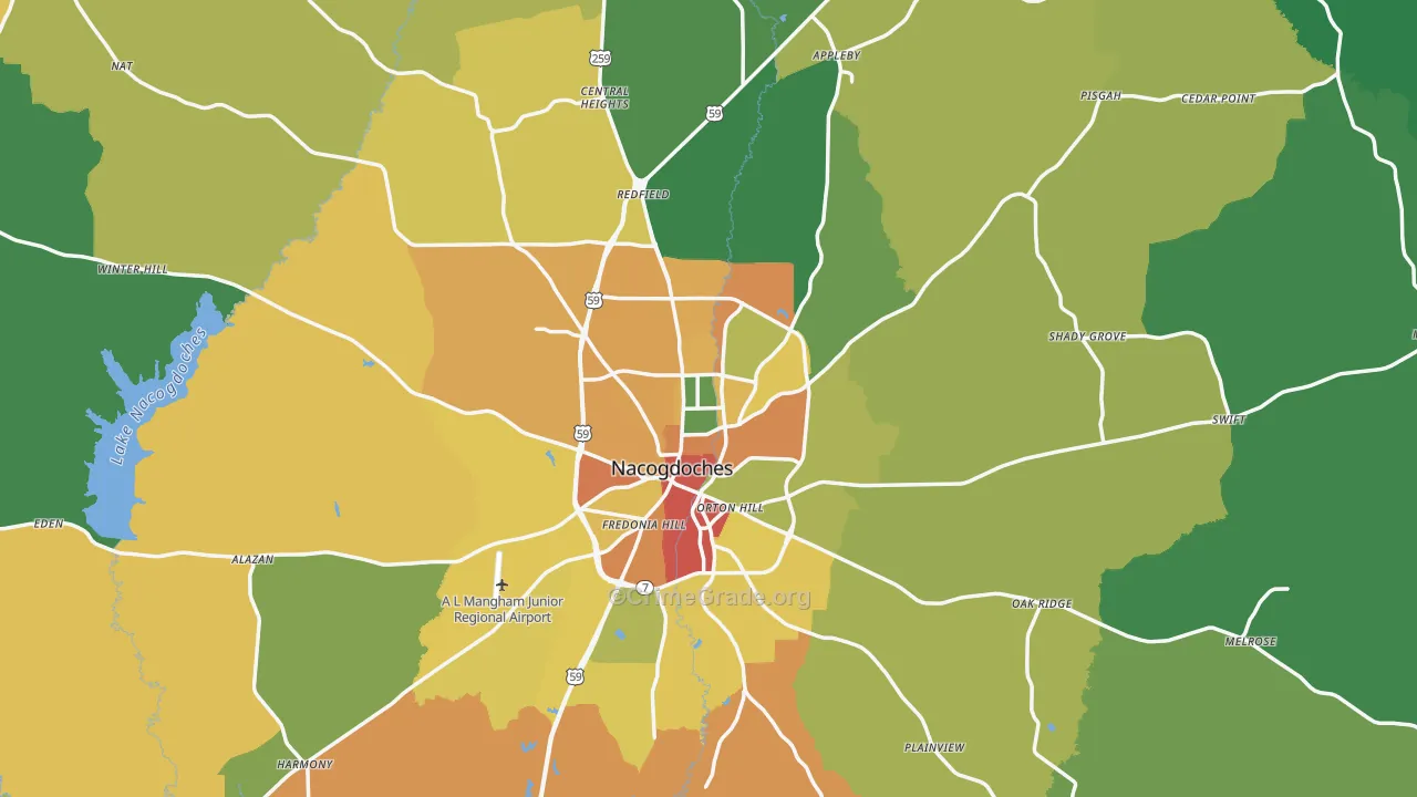Nacogdoches County, TX Map of Assault Rates
