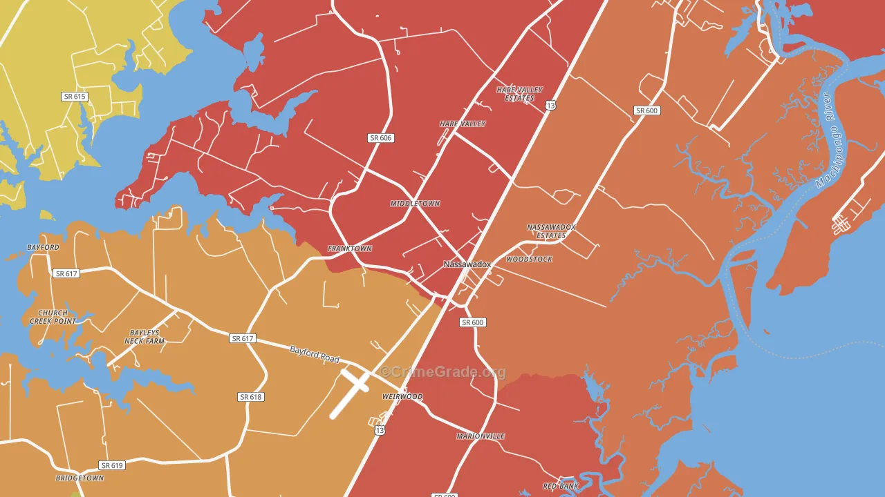 Nassawadox, VA Map of Assault Rates