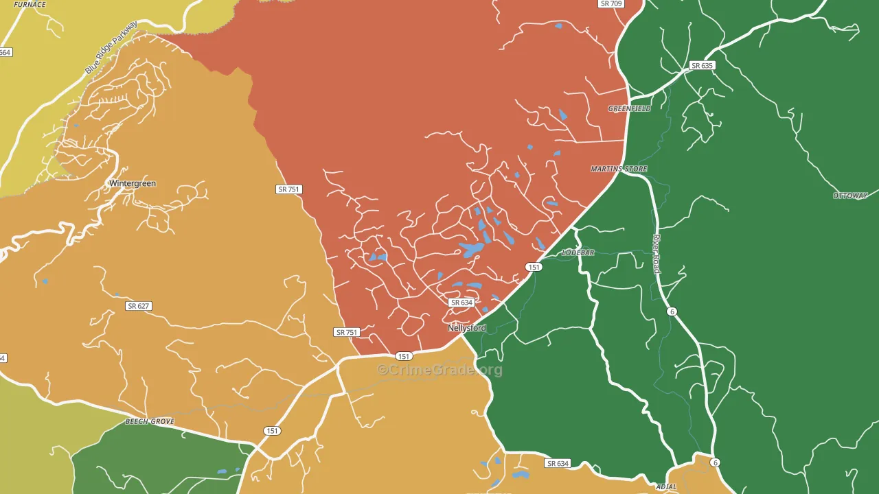 Nellysford, VA Map of Assault Rates