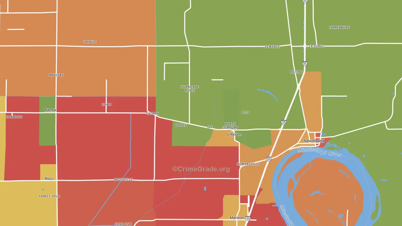 New Madrid County, MO Map of Assault Rates
