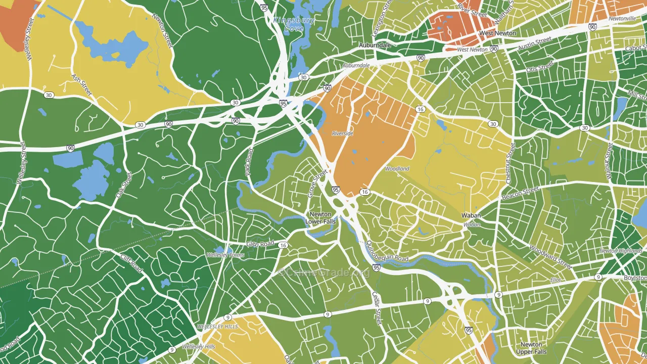 Newton Lower Falls, MA Map of Assault Rates
