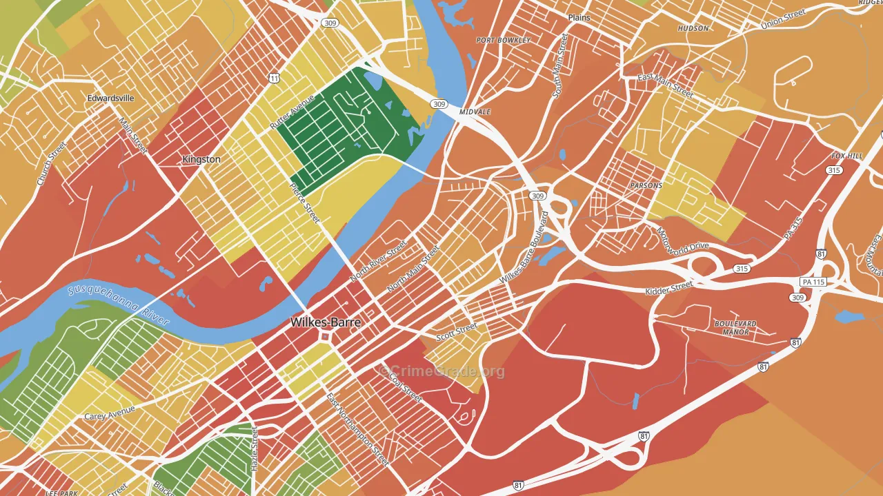North End, Wilkes-Barre, PA Map of Assault Rates
