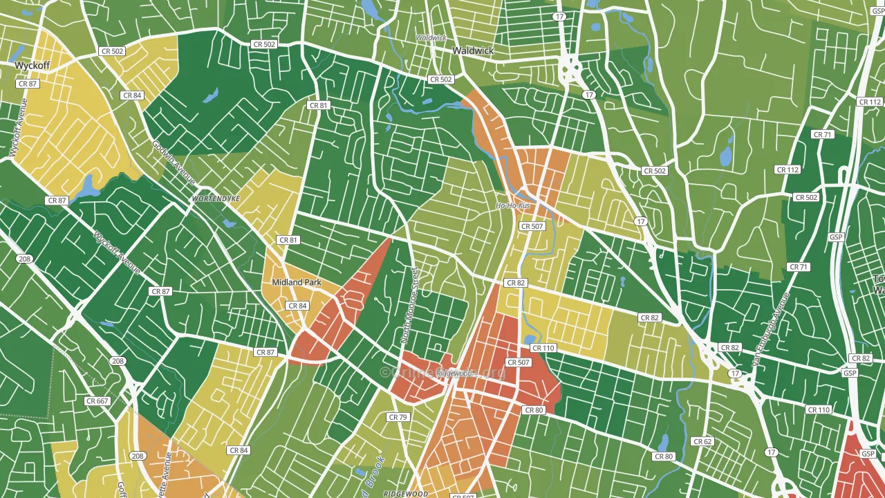 Northwest Ridgewood, Ridgewood, NJ Map of Assault Rates