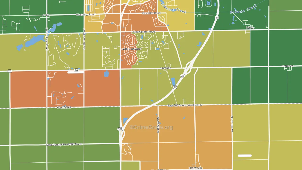 Oakford, IN Map of Assault Rates