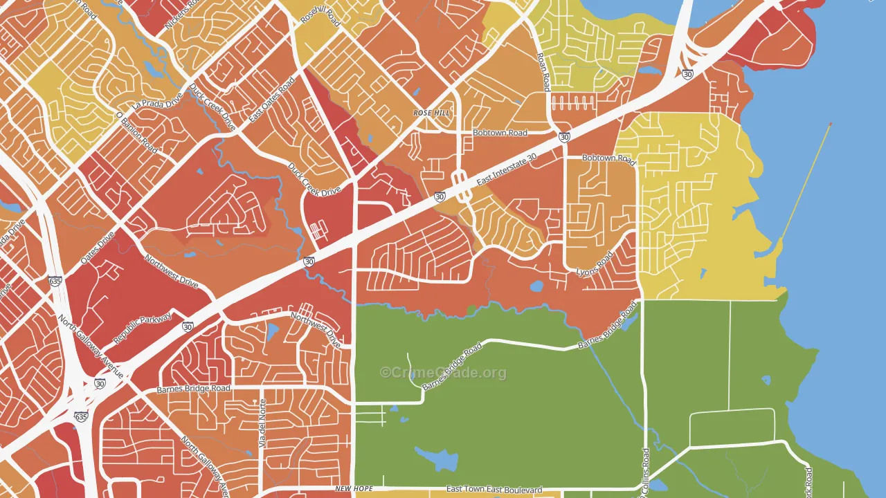 Oaks, Garland, TX Map of Assault Rates