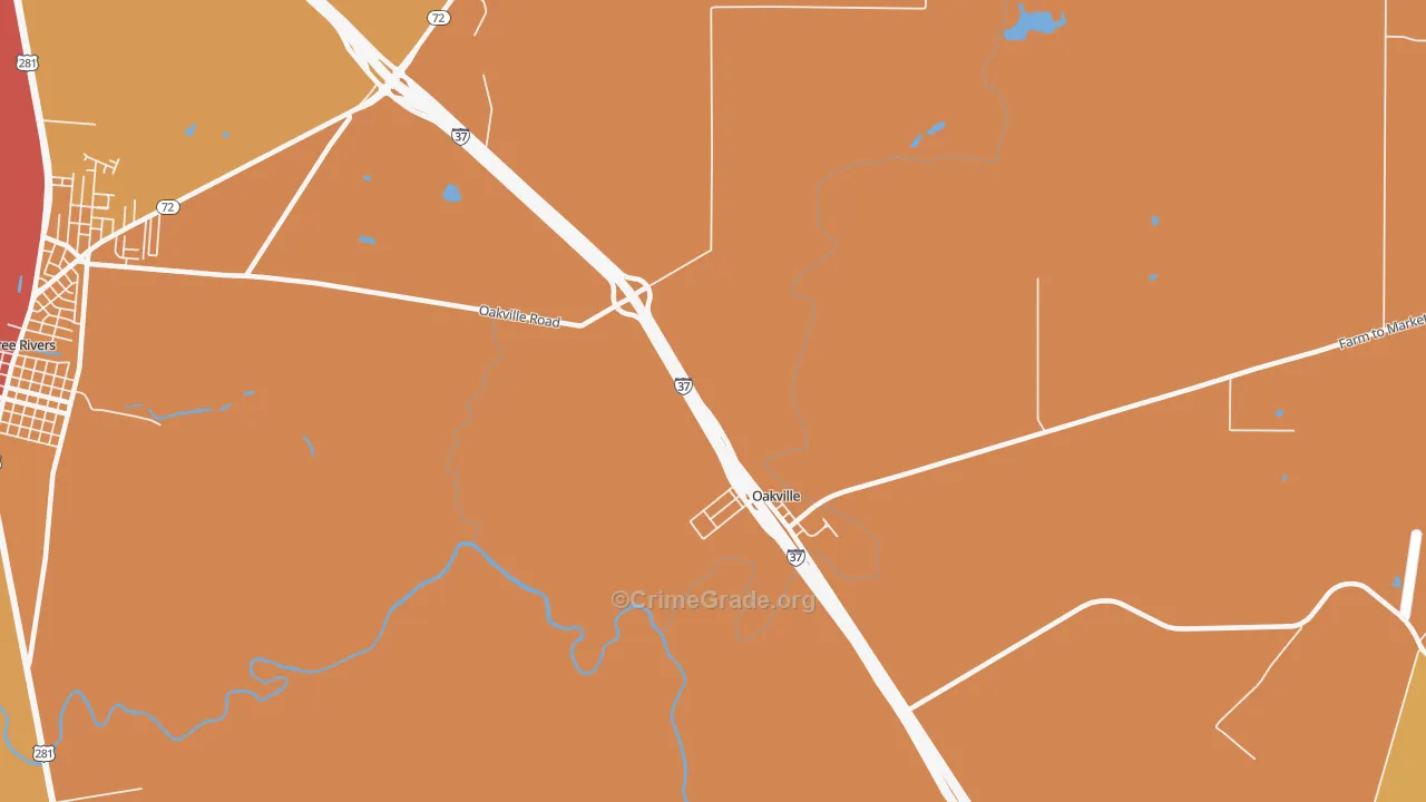 Oakville, TX Map of Assault Rates