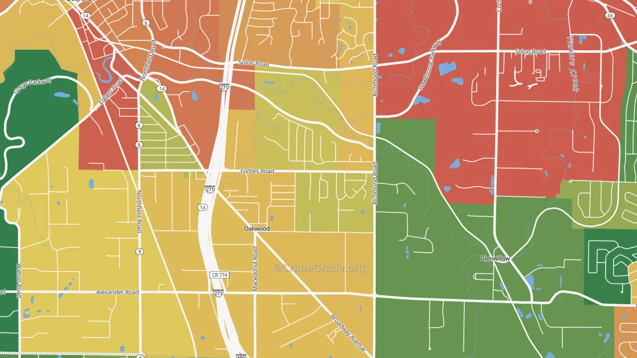 oakwood, Bedford, OH Map of Assault Rates