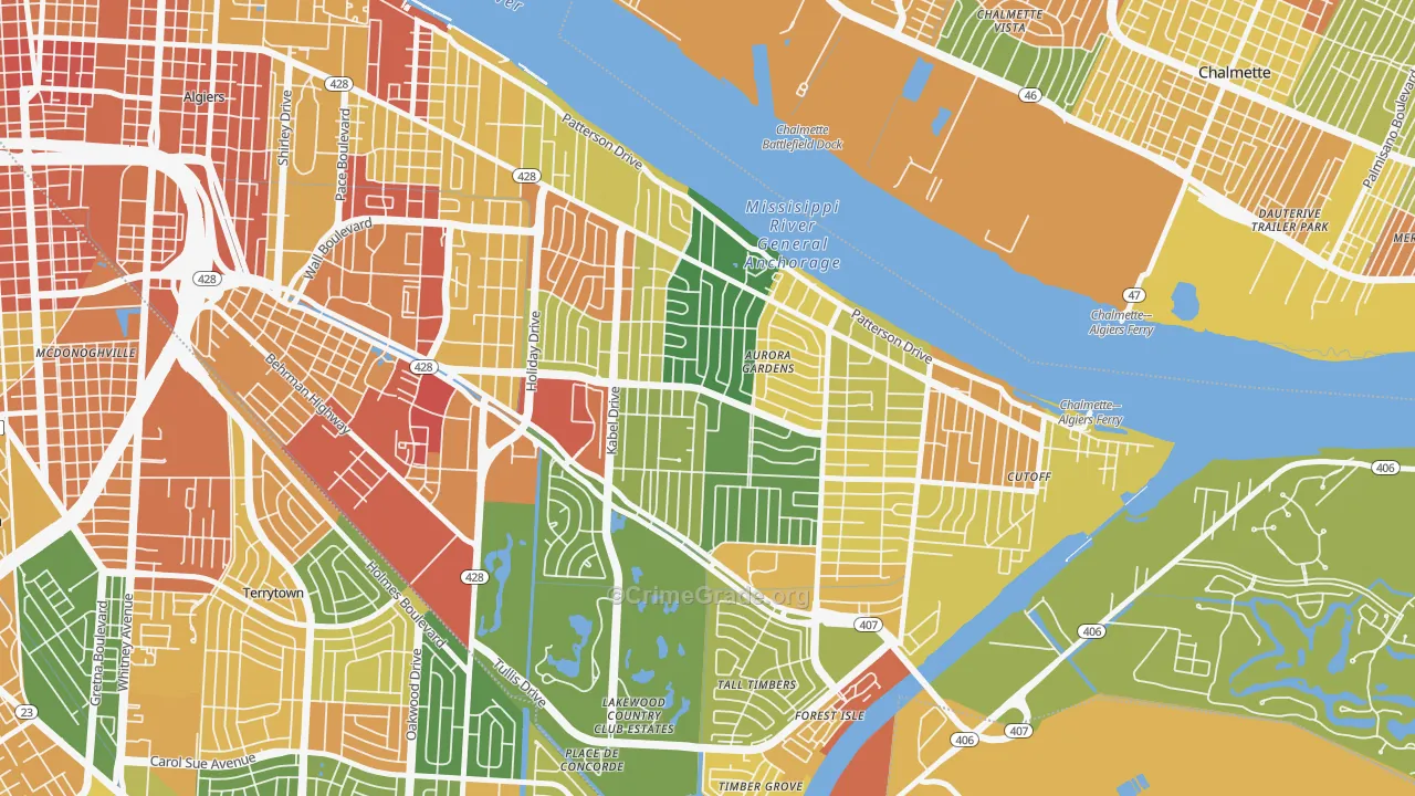 Old Aurora, New Orleans, LA Map of Assault Rates