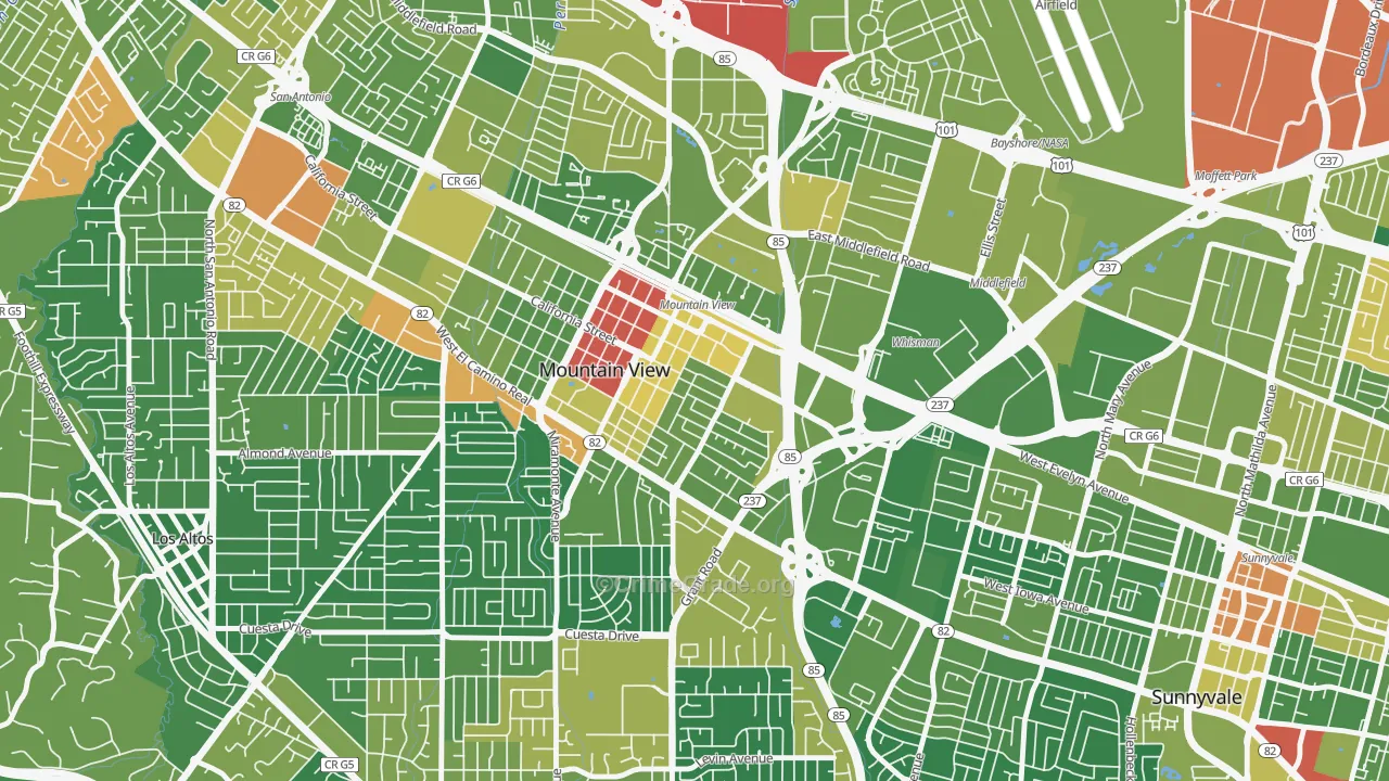 Old Mountain View, Mountain View, CA Map of Assault Rates