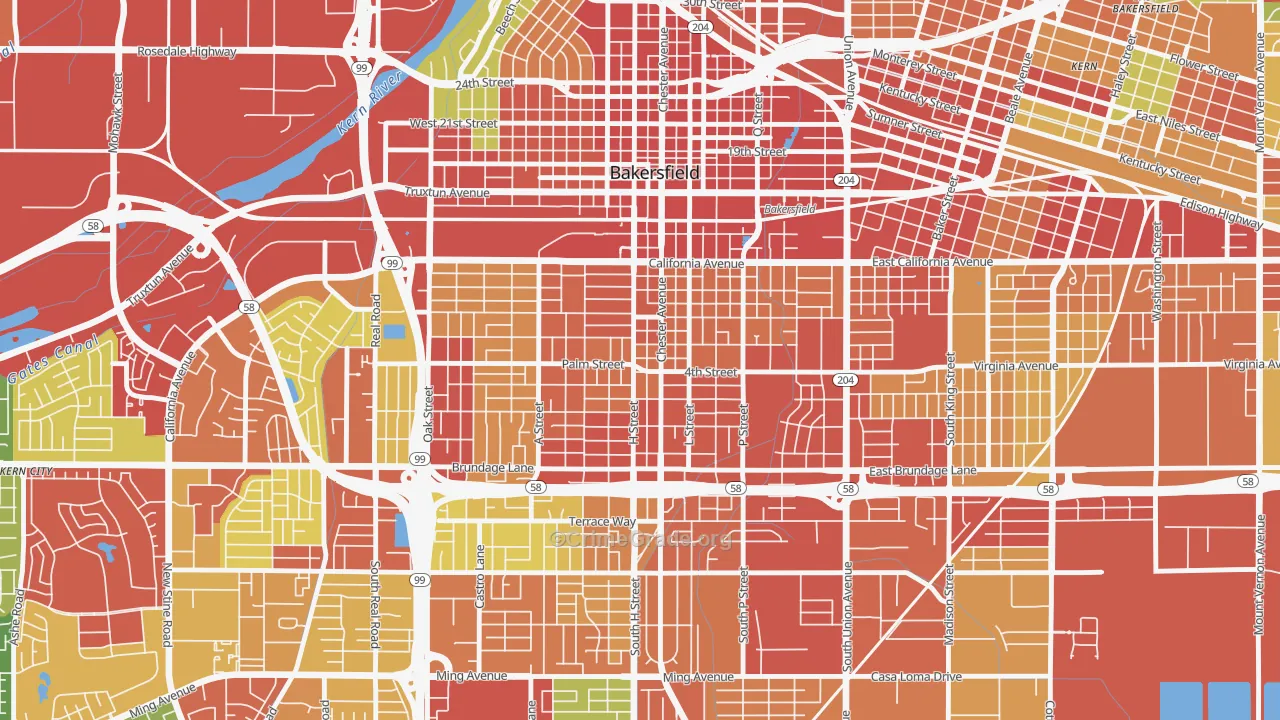 Oleander Sunset, Bakersfield, CA Map of Assault Rates