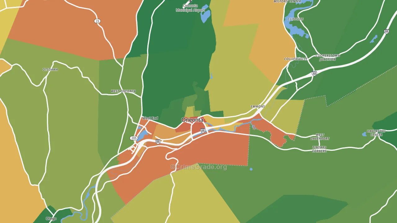 Oneonta, NY Map of Assault Rates