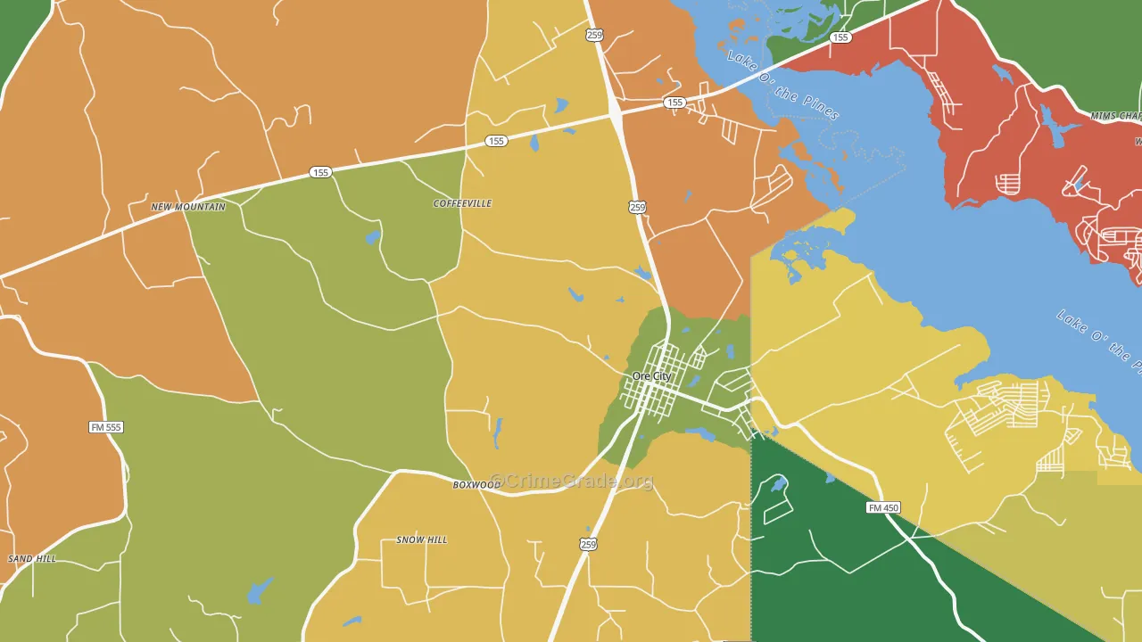 Ore City, TX Map of Assault Rates