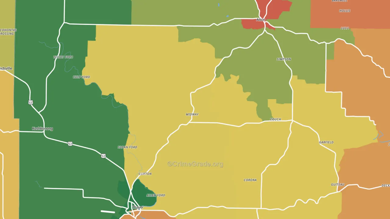 Oregon County, MO Map of Assault Rates
