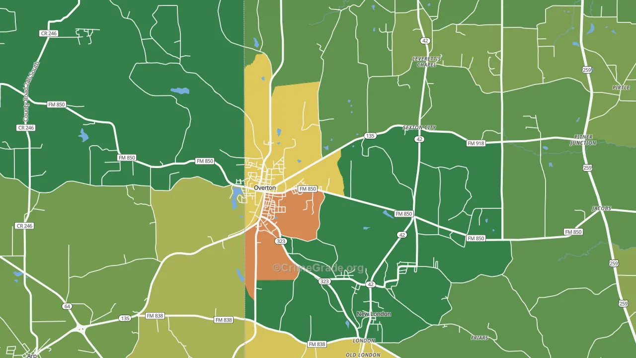 Overton, TX Map of Assault Rates