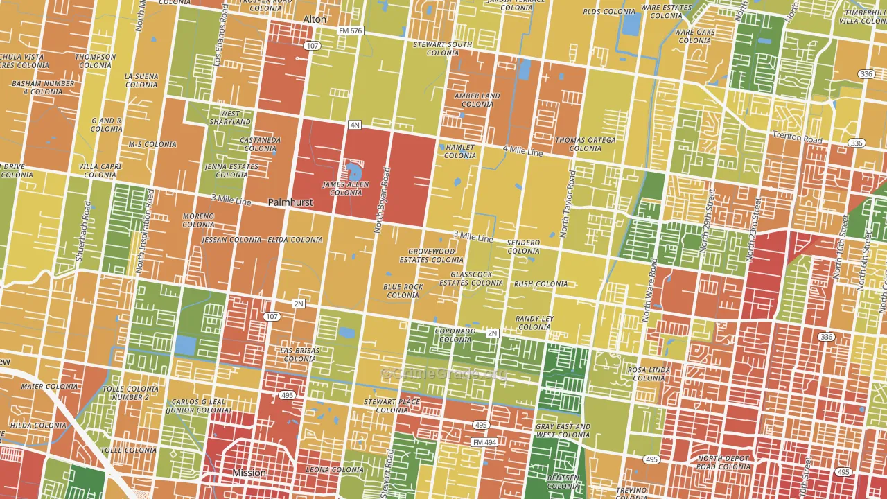 Palmhurst, TX Map of Assault Rates