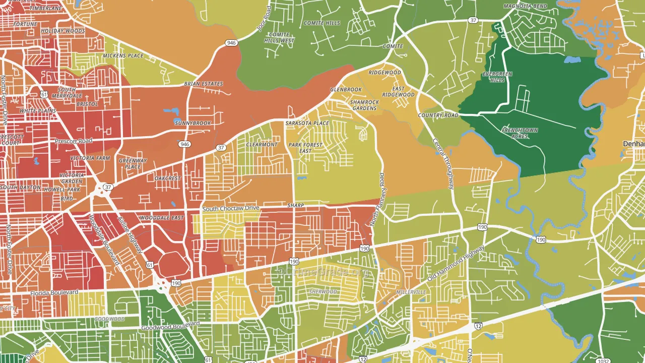 Park Forest-Louisiana North, Baton Rouge, LA Map of Assault Rates