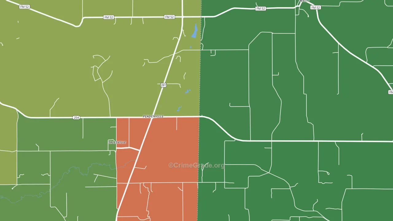 Peadenville, TX Map of Assault Rates