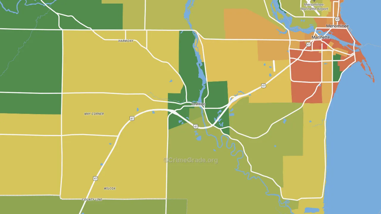 Peshtigo, WI Map of Assault Rates