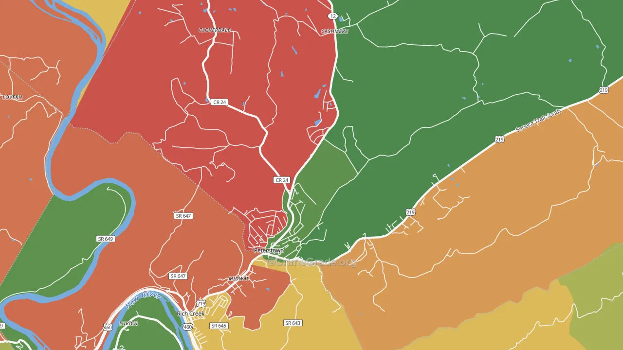 Peterstown, WV Map of Assault Rates