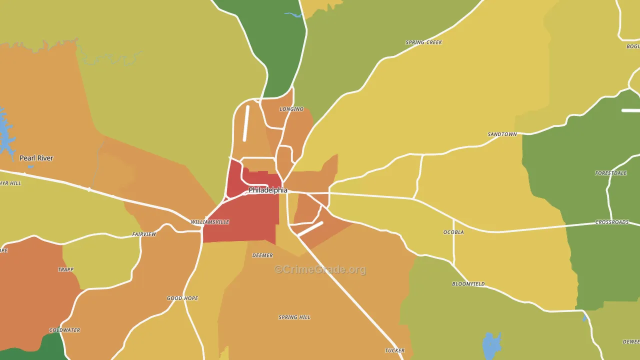 Philadelphia, MS Map of Assault Rates
