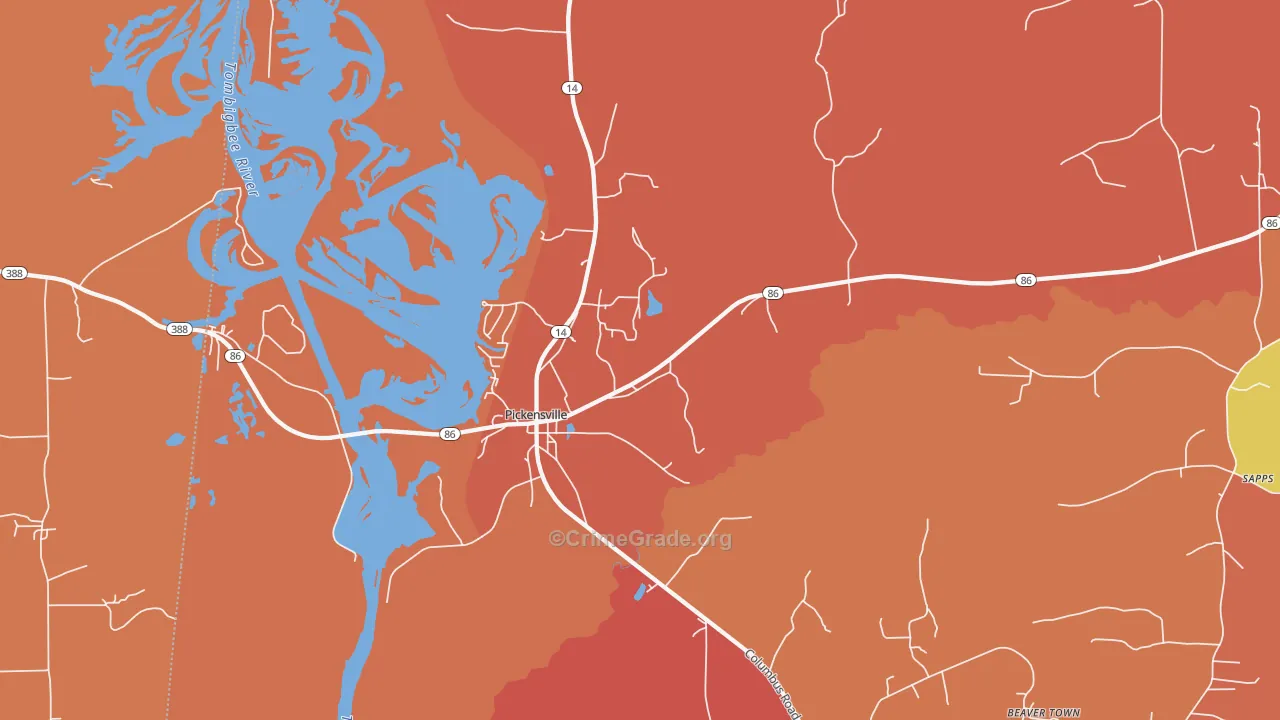 Pickensville, AL Map of Assault Rates