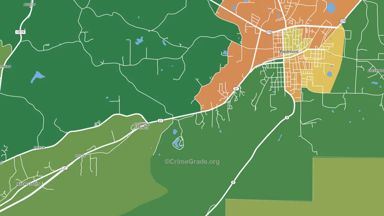 Piedmont Springs, AL Map of Assault Rates
