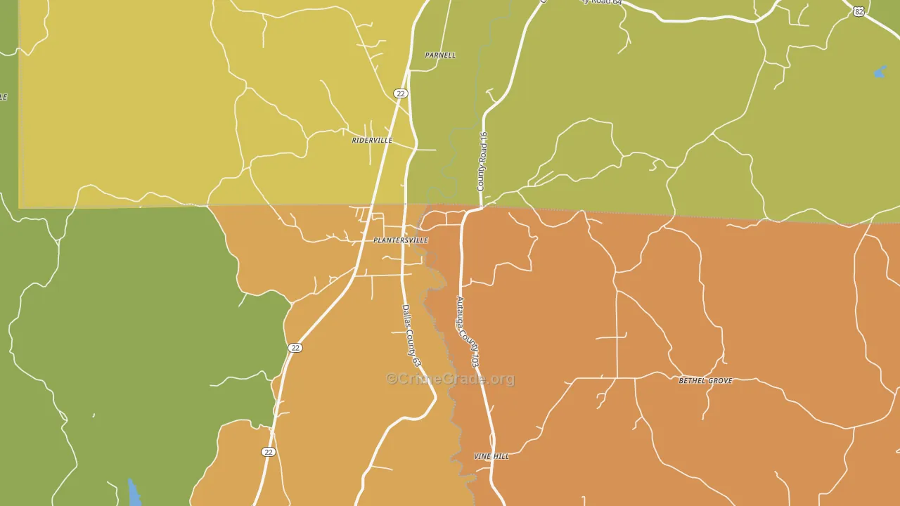 Plantersville, AL Map of Assault Rates